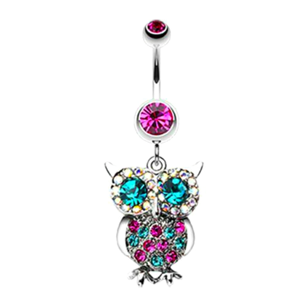 Fuchsia Jeweled Sparkling Owl Dangle Belly Button